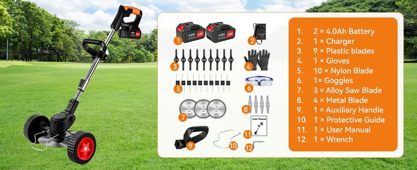 Weed Wacker Cordless,24v Electric Weed Eater Battery Powered,3 in 1 Lightweight Grass Trimmer with 2 4.0 Ah Batteries & Charger,Height Adjustable Wheeled Brush Cutte for Lawn Care,Garden,Yard (red)