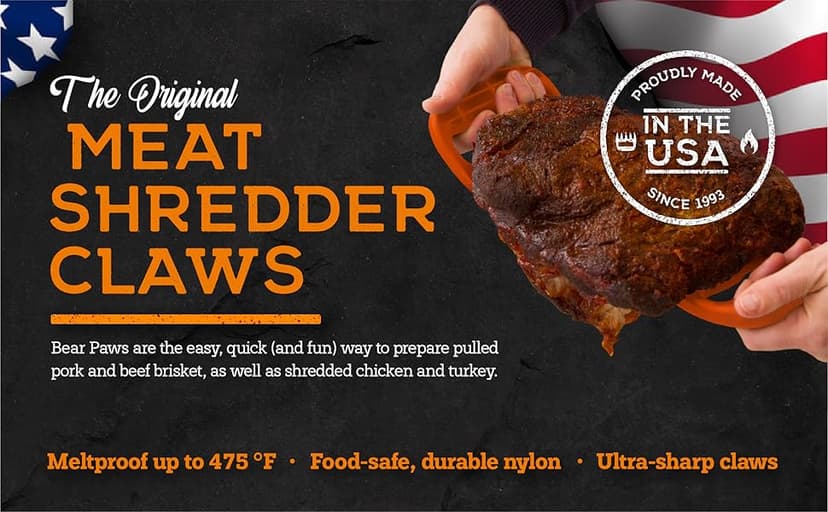 Bear Paws Meat Claws - The Original Meat Shredder Claws, USA Made - Easily Lift, Shred, Pull and Serve Meats - Ultra-Sharp, Ideal Meat Claws for Shredding Pulled Pork, Chicken, Beef, Turkey - Orange