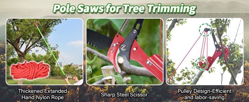 Scalebeard 26FT Pole Saws for Tree Trimming, Lightweight & Sturdy Tree Pruner with Thickened Saw Blade and Scissors for High Branches Trimming, Extendable Tree Trimmer for Pruning Palms and Shrubs