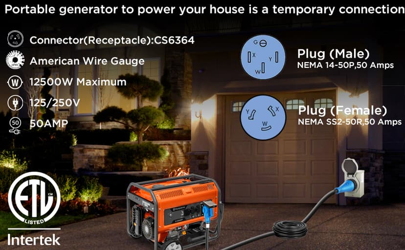 50 Amp Generator Cord and Power Inlet Box, 20FT Generator Extension Cords 50 Amp,125V/250V Generator Power Cord NEMA14-50P/SS2-50R Twist Lock Connector