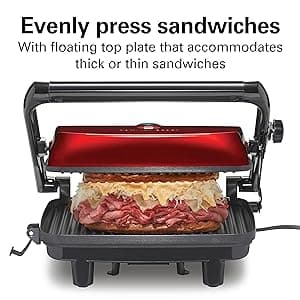 Hamilton Beach Panini Press Sandwich Maker & Electric Indoor Grill with Locking Lid, Opens 180 Degrees for any Thickness for Quesadillas, Burgers & More, Nonstick 8" x 10" Grids, Red (25462Z)