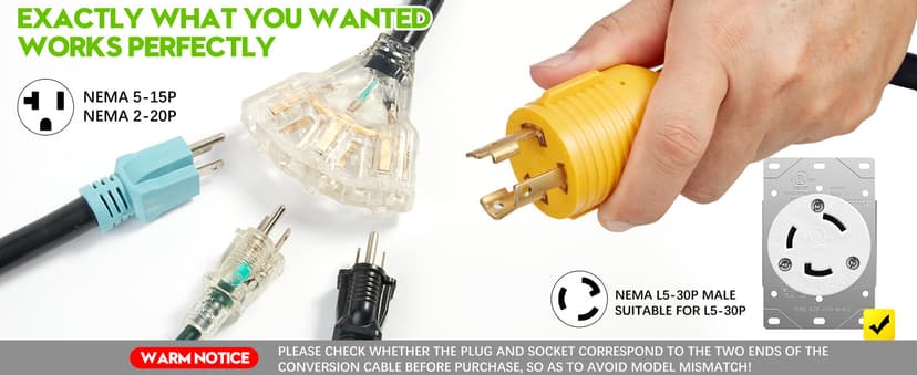 30 Amp to 110 Generator Adapter Cord, NEMA L5-30P Male to 3X 5-15R/5-20R Female Generator Distribution Adapter 3 Prong 30 Amp to 15 Amp/20Amp with Lighted Power Indicator,STW 10 AGW 3FT