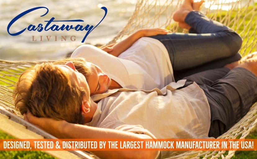 Castaway Living 13 ft. Double Traditional Hand Woven Navy Polyester Rope Hammock with Free Extension Chains, and Tree Hook, for 2 People with a Weight Capacity of 450 lbs.