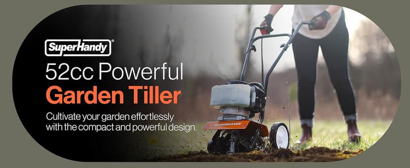 SuperHandy 52cc 2 Stroke Gas Mini Tiller Cultivator - 1.8HP, 4 Adjustable Steel Tines, Forward Rotation, 10" Tilling Width - Ideal for Garden, Lawn, Soil Cultivation, Weed & Digging