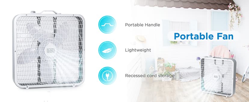 BLACK+DECKER Box Fan with 3 Speed Settings, 20” Box Fan with Carrying Handle, Rotary Knob and Recessed Cord Storage, Portable Fan and Cooling Fan for Home, Office, Garage, Basement & More