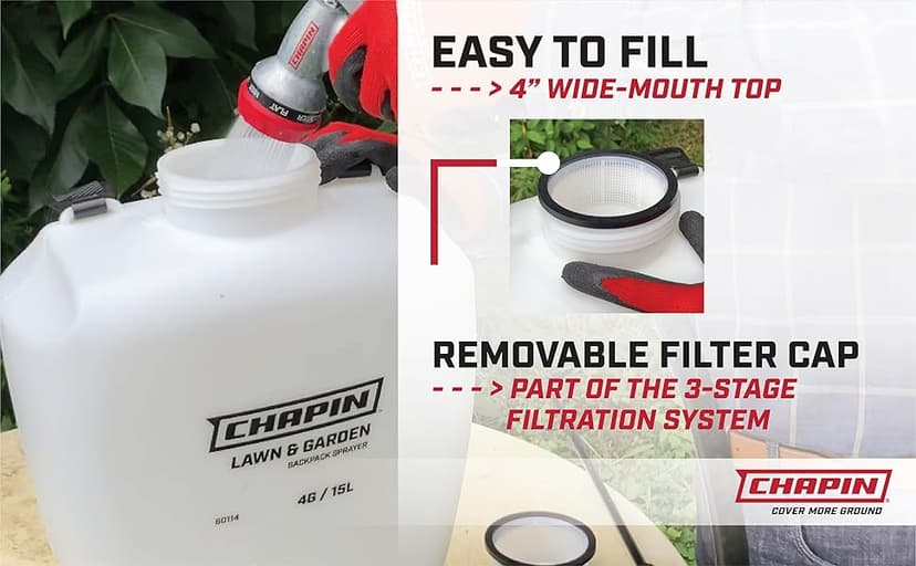 Chapin 60114 Made in USA 4-Gallon Backpack Sprayer with 3-Stage Filtration System Pump Pressured Sprayer, for Spraying Plants, Garden Watering, Lawns, Weeds and Pests, Translucent White