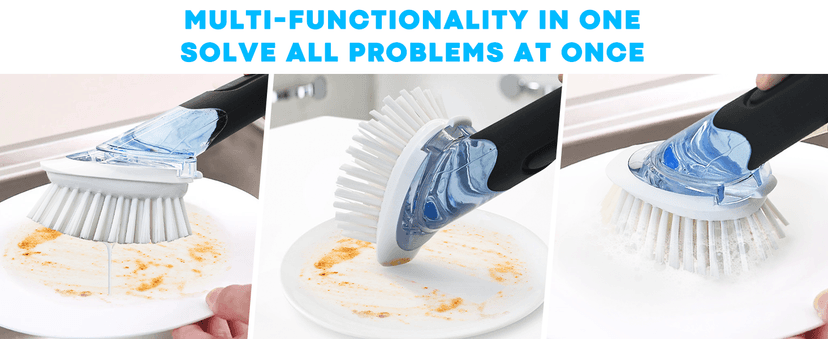 AJXX Dish Brush with Soap Dispenser Storage Set, Dish Soap Brush with 2 PCS Brush Heads & Holder, Soap Dispenser Brush with Handle, Dish Brush with Soap Dispenser, for Utensils, Pans, Sinks, Cookware