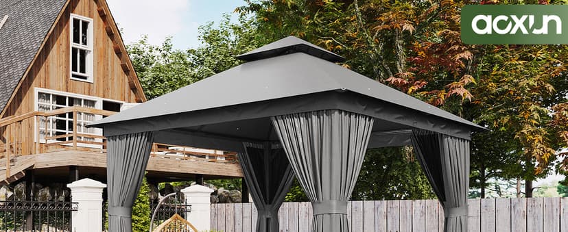 AOXUN Outdoor Gazebo for Patio 10x10, Metal Frame Canopy with Double Roofs, Heavy Duty Party Tent and Shelter with Mosquito Netting and Privacy Screen for Backyard, Lawn, Garden, Deck (Grey)