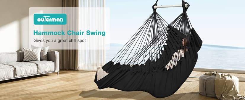 Outerman Hammock Chair, Hanging Chair with 3 Cushions and Foot Rest Support, Sturdy Metal Spreader Bar Max 500Lbs, Swing Chair for Bedroom, Indoor & Outdoor, Patio, Porch or Tree(Black)…