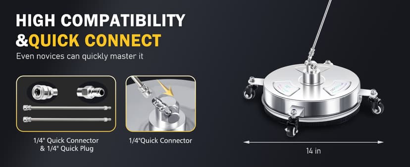 14" Pressure Washer Surface Cleaner with 4 Wheels - Stainless Steel Surface Cleaner for Pressure Washer Attachment for Concrete, Patio, Sidewalk, Deck and Driveways - PWS14