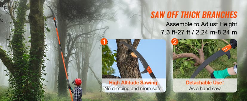 VEVOR Manual Pole Saw, 7.3-27 ft Extendable Tree Pruner, Sharp Steel Blade and Scissors High Branches Trimming, Branch Trimmer with Lightweight 8 Fiberglass Handles, for Pruning Palms and Shrubs