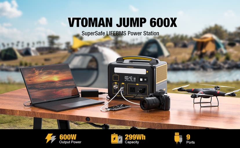 VTOMAN Jump 600X Portable Power Station, LFP Battery Powered Generator with 2x 600W AC Outlets (Surge 1200W), 4x USB ports, 3x DC Output for Outdoor Camping, Vehicle Emergency, Electric Backup