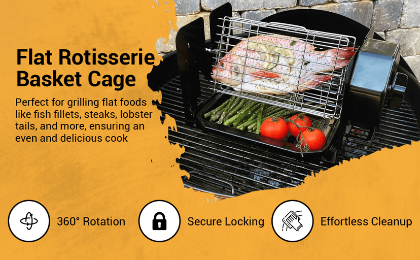 Family Bundle Rotisserie Kit - Non-Electric Wind-Up Spit Roaster with Rotisserie Basket, Flat Cage, Skewer Set, and Cooking Mat for Grills, Ovens, and Smokers - Indoor & Outdoor BBQ Use