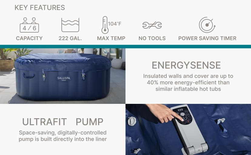 Bestway SaluSpa Hawaii Smart AirJet Inflatable Hot Tub Square Portable 4 to 6 Person Spa with 140 AirJets, App Control and EnergySense Cover, Blue