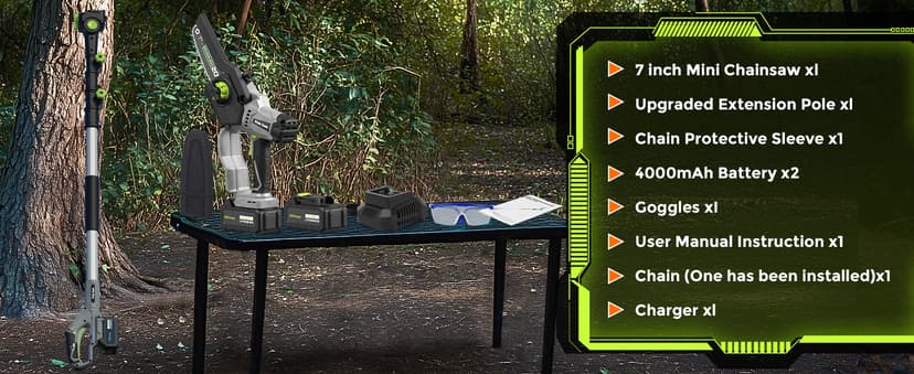 2-in-1 Cordless Pole Saw (2025 Upgraded), 7 Inch Brushless Mini Chainsaw with Extension Pole, Pole Saws for Tree Trimming Battery Powered with 2x 20V 4000 mAh Battery, 16ft Reach Electric Pole Saw