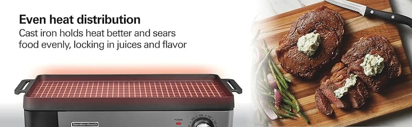 Hamilton Beach Professional Cast Iron Indoor Electric Grill & Griddle, 10" x 16" Preseasoned Cooking Surface, Adjustable Temperature up to 450° F, Black (38560)