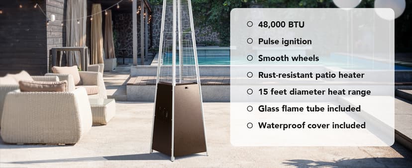 Pamapic Patio Heater, 48,000 BTU Pyramid Flame Outdoor Heater with Cover, Quartz Glass Tube Hammered Bronze Tower Propane Outdoor Heater with Wheels
