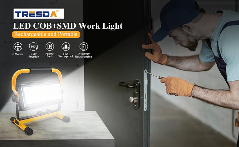 100W COB Rechargeable Work Light, 7000LM Cordless LED Work Lights, Waterproof Portable Flood Light with Stand for Outdoor Camping, Hiking, Garage, Car Repairing, Workshop Job Site Lighting