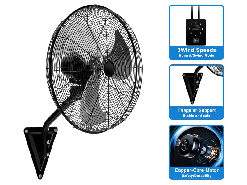 20” Wall Mount Fan 7000 CFM High Velocity Wall Industrial Fan 120° Oscillating Fans 3-Speed for Household, Commercial Use - ETL Listed, Black