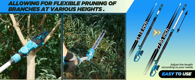 Saker Pole Saw and Pole Hedge Trimmer for Tree Trimming,66.9-98.4Inch Electric Pole Saw and Hedge Trimmer with Extension Pole,Cordless Electric Trimming Tools with Pole and 2.0Ah Battery & Charger