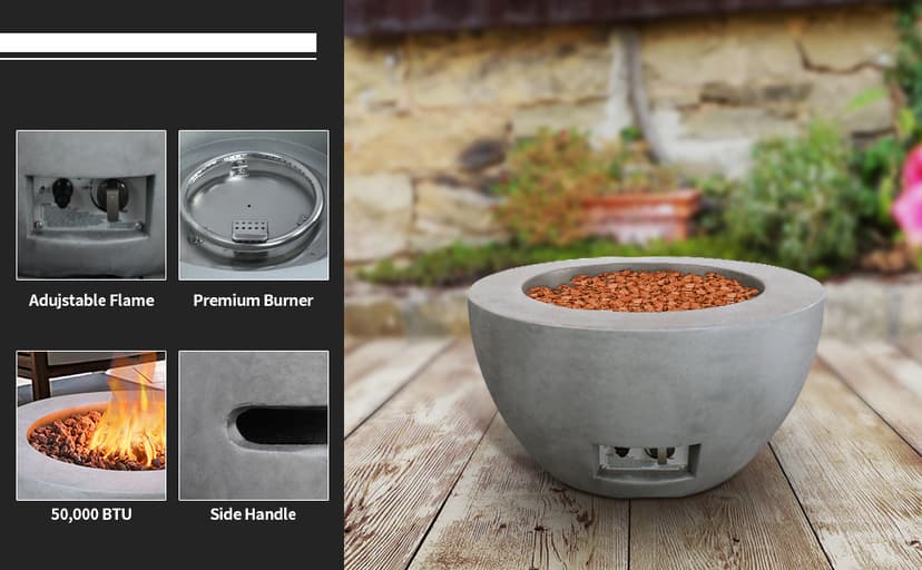 Kante 25 Inch Propane Fire Table, 50,000 BTU Large Concrete Fire Pit Table for Outdoor Garden Patio, Smokeless Gas Fire Pit with Waterproof Cover, Side Handles, Concrete (A-B01-80021)