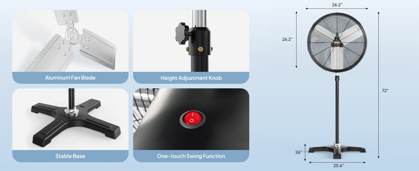 ROVSUN 24 Inch Industrial Pedestal Fan,7600CFM High Velocity and Heavy Duty Standing Fan, Low Noise Metal Fan with One-touch Oscillating Function, Adjustable Height, for Shop, Patio, Garage, UL Listed