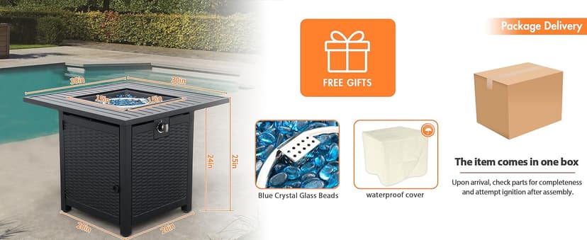 30 Inch Fire Tables 50000 BTU Outdoor Fire Pits for Outside Steel Gas Fire Table with Fire Pit Lid Grille Tabletop and Waterproof Cover and Blue Crystal Beads