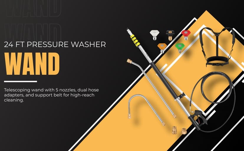 24 FT Telescoping Pressure Washer Wand Extension, Aluminum Power Washer Extension Wand with 7 Nozzle Tips, 3 Adapters & Support Harness, Gutter Cleaning Tools for 2 Story House