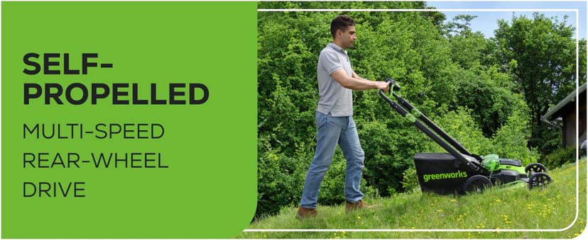 Greenworks 80V 25" Brushless Cordless (Self-Propelled) Dual Blade Lawn Mower (LED Headlight + Aluminum Handles), 4.0Ah Battery and Rapid Charger Included