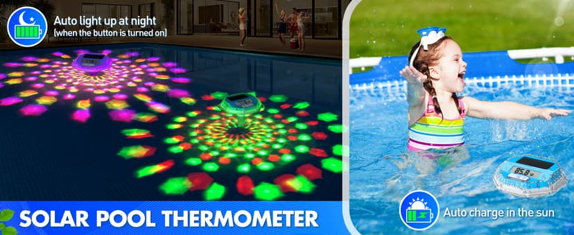 Solar Digital Pool Thermometer Floating Easy Read, Large LCD Screen Pool Thermometer with Light Show, IP68 Waterproof Water Temperature for Hot Tub,Spa