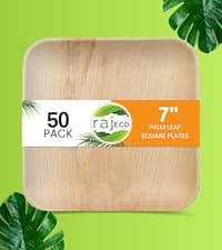 Raj Eco Compostable Palm Leaf Plates Like Bamboo Plates Disposable - 8 Inch Square 50 party plates, Natural wooden, Eco-Friendly, fancy Biodegradable & Disposable Dessert appetizer Plates