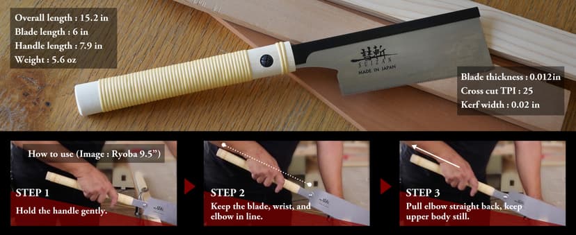 SUIZAN Dozuki Dovetail Saw 6" Crosscut - Professional Japanese Pullsaw Handsaw Woodworking Tools