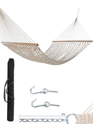 Castaway Living 13 ft. Double Traditional Hand Woven Navy Polyester Rope Hammock with Free Extension Chains, and Tree Hook, for 2 People with a Weight Capacity of 450 lbs.