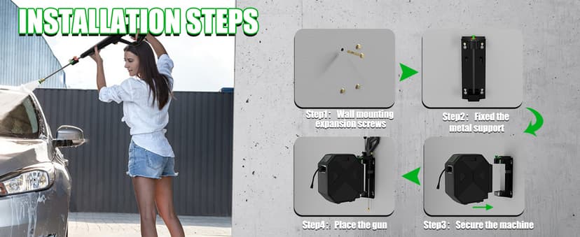 Buyplus Wall Mounted Pressure Washer, 5200PSI 3.2GPM Electric Power Washer, Remote Controlled with 100FT Retractable Hose, GFCI Power Cord, Foam Cannon, 5 Nozzles for Cars, Driveways, Patios, Black