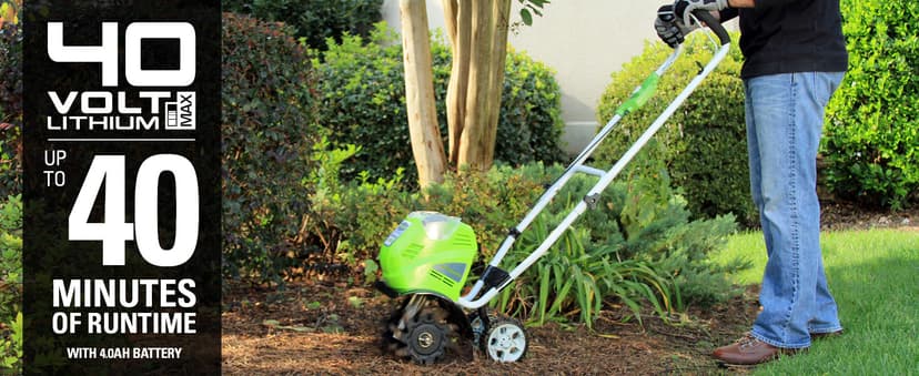 Greenworks 40V 10" Cordless Tiller / Cultivator, 4.0Ah Battery and Charger Included, Green
