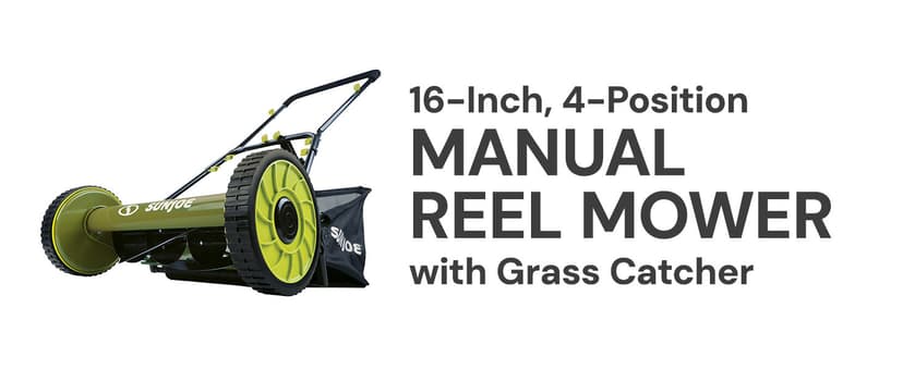 Sun Joe MJ500M 16-Inch Manual Reel Mower w/Adjustable Cutting Height, 6.6-Gallon Removable Grass Catcher, 5 Steel Blades, 2-Wheels