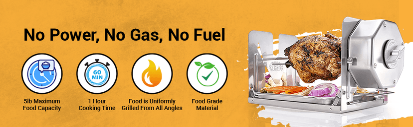 Cordless Universal Rotisserie Kit for Grills Ovens and Smokers - Non-Electric Wind-up Spit Roaster, Gas or Charcoal BBQ - Indoor/Outdoor (Stainless Steel)