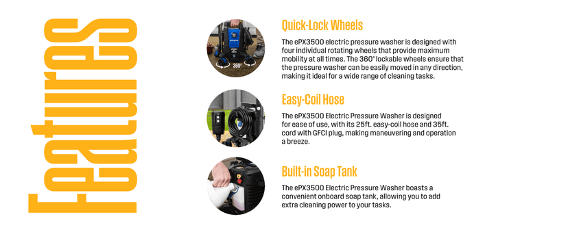 Westinghouse ePX3500 Electric Pressure Washer, 2500 Max PSI 1.76 Max GPM with Anti-Tipping Technology, Onboard Soap Tank, Pro-Style Steel Wand, 5-Nozzle Set, for Cars/Fences/Driveways/Home/Patios