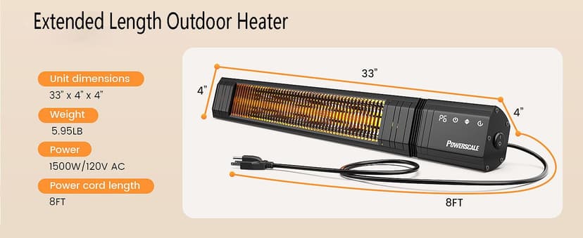 Infrared Heater 24H Timer Outdoor Heater, IP65, Memory Function Infrared Electric Patio Heater, 9 Levels Heating Touchscreen With Remote Electric heater, Restaurant Backyard, 1500W, Black