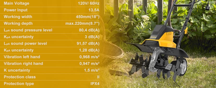 EVEAGE 18-Inch 13.5AMP Rototiller for Garden Corded Electric Tiller Machine 4'' - 8'' Farm Tilling Depth, Foldable Handle 6x4 Tines with Adjustable Wheels