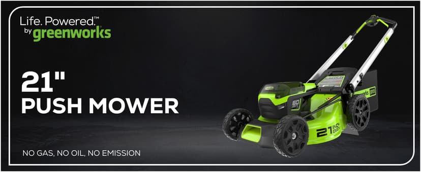 Greenworks 60V 21” Cordless (Push) Lawn Mower (LED Lights + Aluminum Handles), 5.0Ah Battery and Rapid Charger