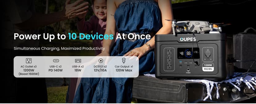 Oupes Exodus 1200 Portable Power Station 1200W (Surge 3600W), 992Wh LiFePO4 Solar Generator with Smart App Control, UPS, 140W USB-C, for Outdoor & Emergency Backup