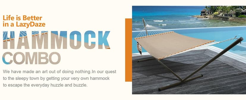Lazy Daze Hammocks 11 FT Double Outside Hammock Quick Dry Olefin Fabric Hammock with Spreader Bar & Side Pocket for Outdoor Poolside Backyard 450 lbs Capacity, Khaki