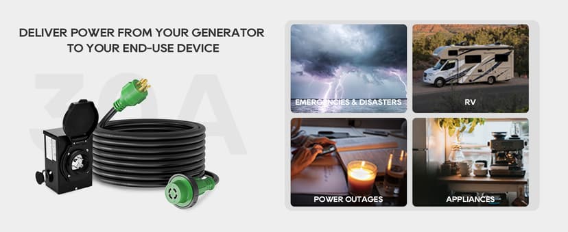 RVGUARD Emergency Power Combo Kit, 25 Foot 30 Amp Generator Cord and Power Inlet Box, NEMA L14-30P to L14-30R Generator Cord with NEMA L14-30P Pre-Drilled Generator Inlet Box, ETL Listed