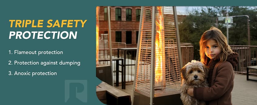 Pamapic Patio Heater, 48,000 BTU Pyramid Flame Patio Outdoor Heater with Cover, Quartz Glass Tube Stainless Steel Propane Heater with Wheels (Stainless Steel Color)