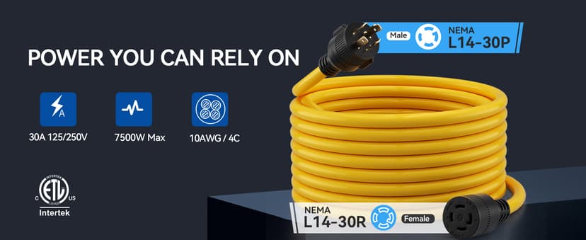 ELEGRP 30 Amp Generator Extension Cord 50 Feet, 4-Prong NEMA L14-30P to L14-30R, 120/250V Up to 75000W, 10 Gauge Heavy Duty SJTW Locking Power Cord for Portable Generators, Home Backup, ETL Listed