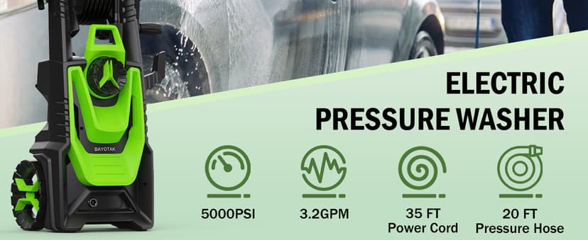 Electric Pressure Washer, 5000 PSI 3.2 GPM Power Washer with Foam Cannon, High Pressure Cleaning Machine with 35 FT Power Cord and 20 FT Hose, Hose Reel, 4 Connect Nozzles for Car/Patio/Fence