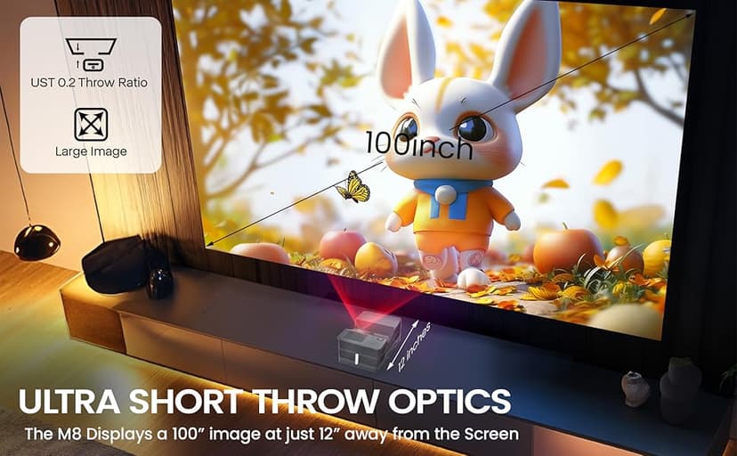 AAXA M8 UST Ultra Short Throw 4K Laser Projector 1100 LD Lumens, BT 5.4, WiFi 6, USBC Mirroring, 2xHDMI, Optical Audio, Efocus, Auto Keystone, Smart Technology