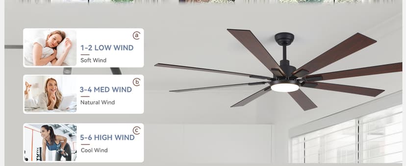 72 inch Large Ceiling Fans with Lights and Remote, Indoor/Outdoor Black Modern Ceiling Fan for Kitchen Living Room Patio, 6 Speed Reversible Quiet DC Motor, 3 CCT, Dual Finish 8 Blades