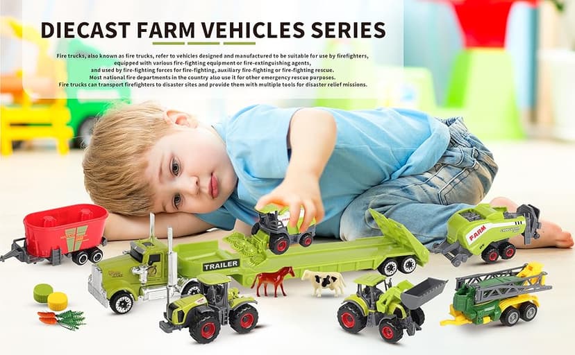 Oriate Kids Farm Toys Realistic Tractor Vehicle Playset, Diecast Car Set Educational Mini Farm Animals with Flatbed Trailer, Birthday Gift for Children 3 Year Old